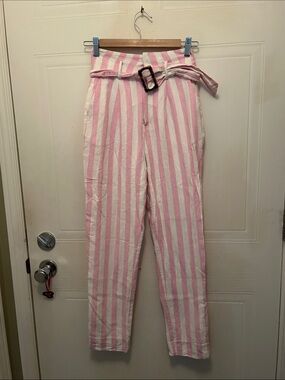 twik Pink & White Vertical-Stripe Straight-Leg Pants with Belt